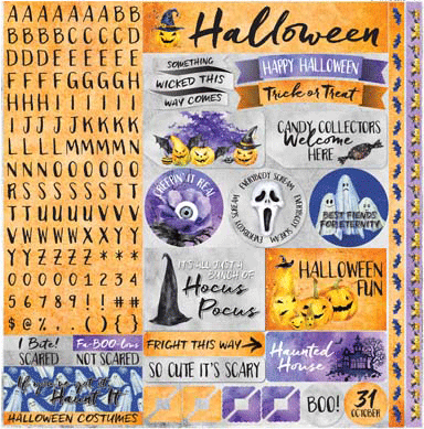 Halloween 12x12 Cardstock Scrapbooking Stickers, Borders and Alphabet