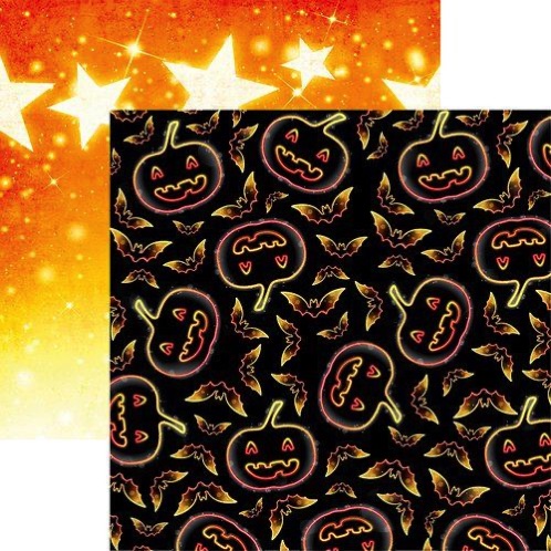 Neon Pumpkins and Bats Double Sided 12x12 Scrapbooking Paper