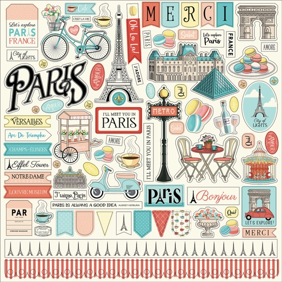 Paris Element 12x12 Cardstock Scrapbooking Stickers and Borders