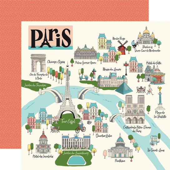 Paris Map Double Sided 12x12 Scrapbooking Paper