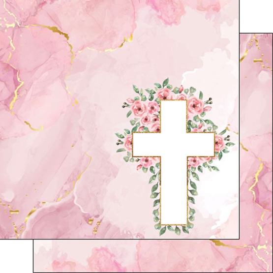 Pink Flower Cross 12x12 Double Sided Scrapbooking Paper