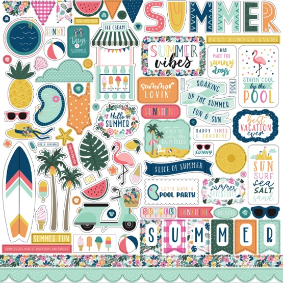 Pool Party 12x12 Cardstock Scrapbooking Stickers and Borders