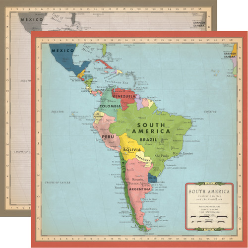 South America Cartography 12x12 Double Sided Scrapbooking Paper